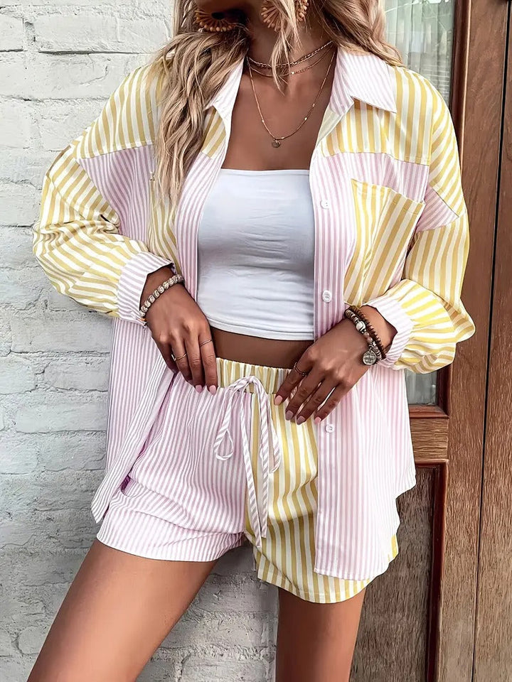 Women Set | Striped Blouse & Shorts | Airy & Casual Style | Polyester Summer Outfit