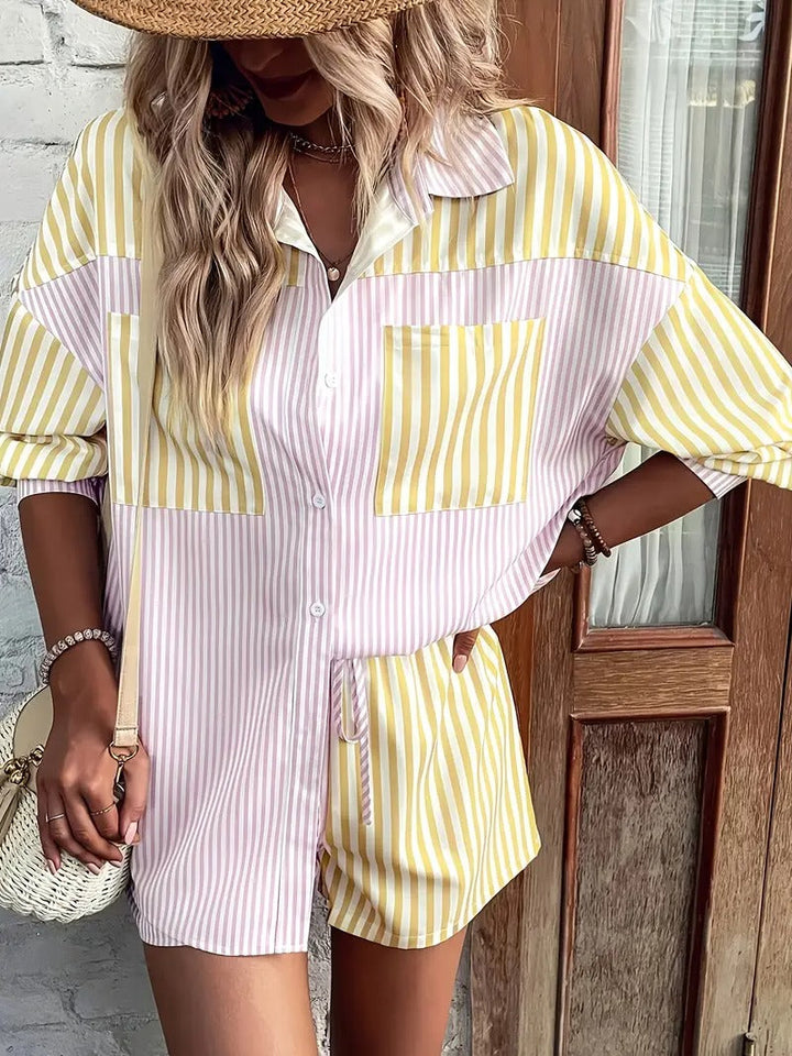 Women Set | Striped Blouse & Shorts | Airy & Casual Style | Polyester Summer Outfit