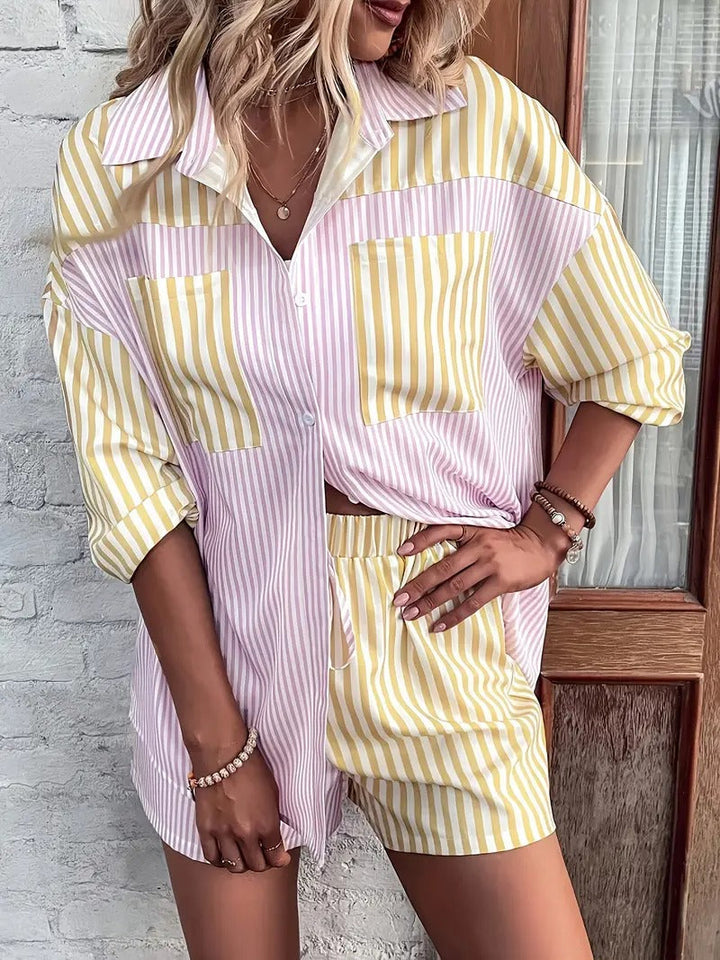 Women Set | Striped Blouse & Shorts | Airy & Casual Style | Polyester Summer Outfit