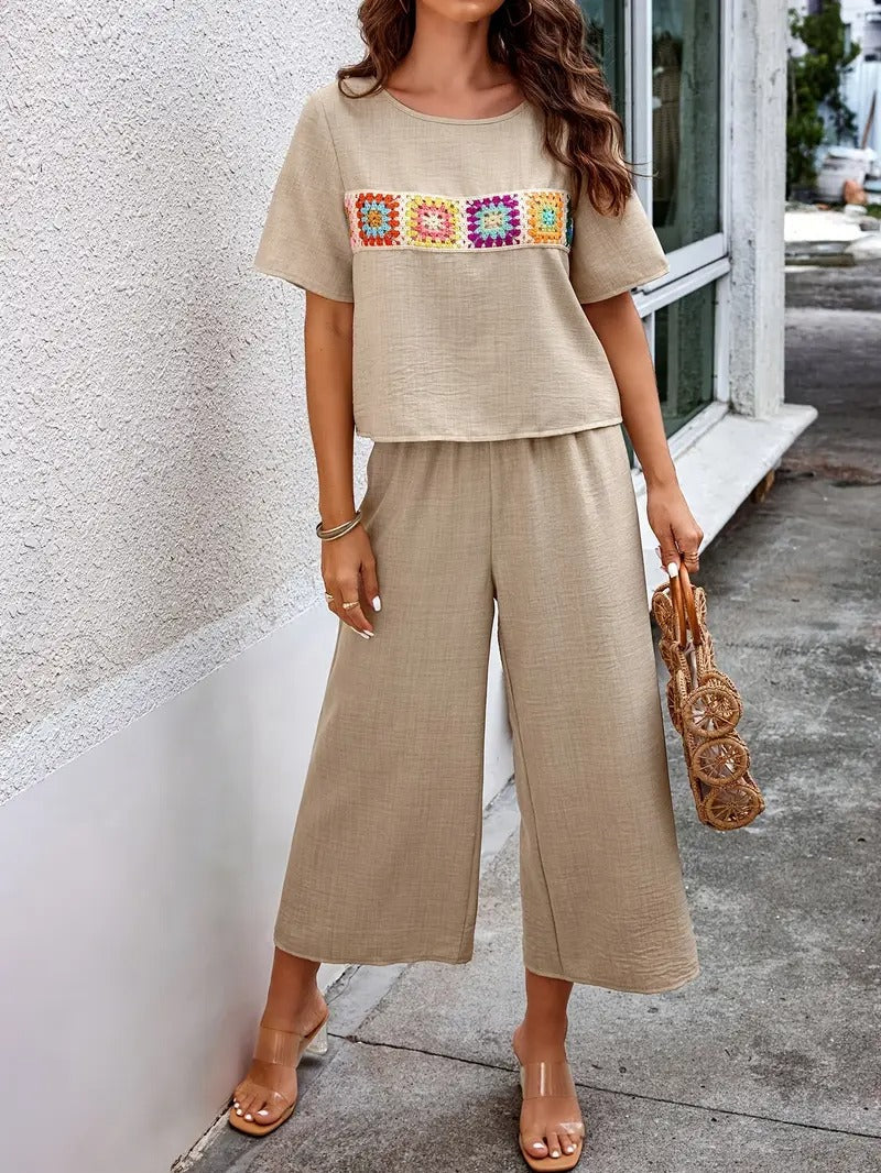 Women set | T-shirt & Wide Trousers | Patchwork Design & Solid Colour | Summer Comfort in Polyester