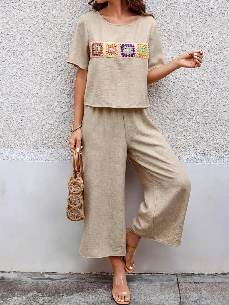 Women set | T-shirt & Wide Trousers | Patchwork Design & Solid Colour | Summer Comfort in Polyester