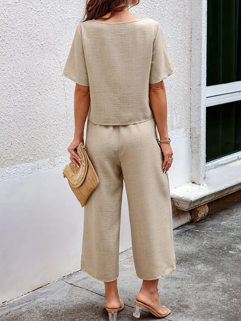 Women set | T-shirt & Wide Trousers | Patchwork Design & Solid Colour | Summer Comfort in Polyester