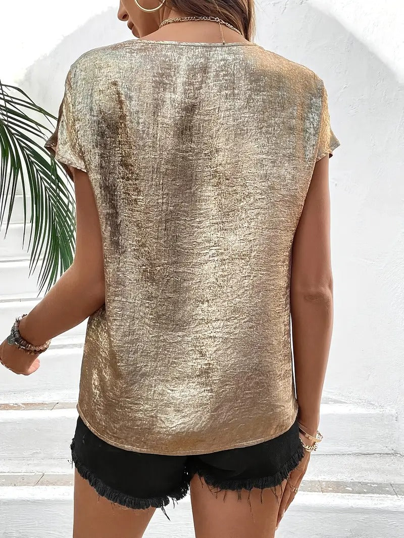 Women's Blouse | Elegant V-Neck & Short Sleeves | Gold Print & Lace Details | Polyester Summer Top