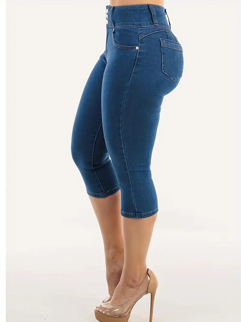 Women's Capri Jeans | Stretchy & High Waist | Button Detail & Casual Style