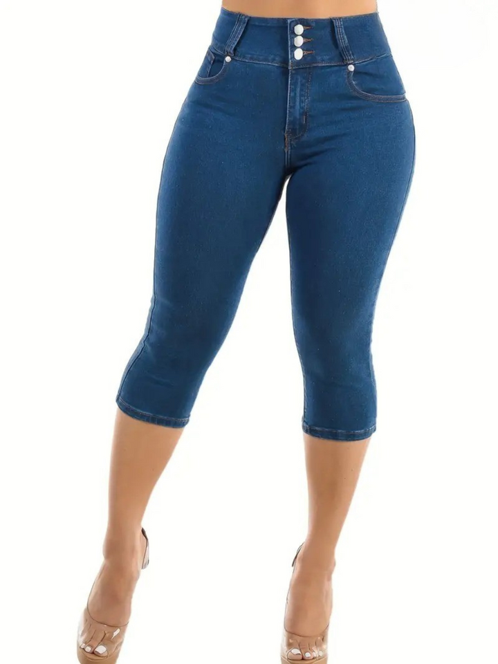 Women's Capri Jeans | Stretchy & High Waist | Button Detail & Casual Style