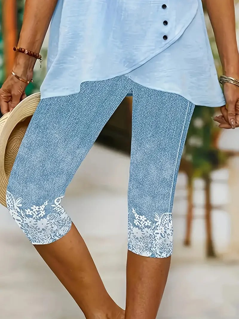 Women's Capri Trousers | Floral Pattern & Lace Detail | Knitted & Spring-Summer