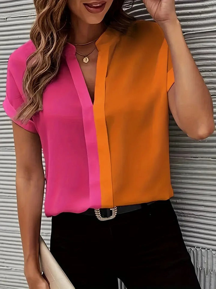 Women's Colour Block Shirt | Elegant V-Neck & Contrast Collar | Spring & Summer Fashion