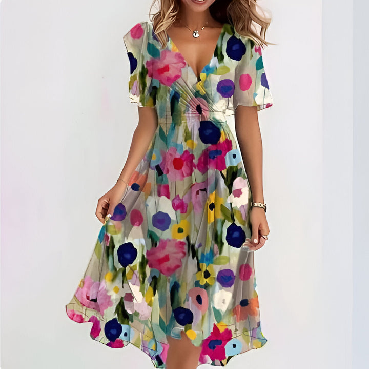 Women’s Dress | V-Neck & Flowing Fit | Elegant Spring & Summer Style | Polyester-Cotton