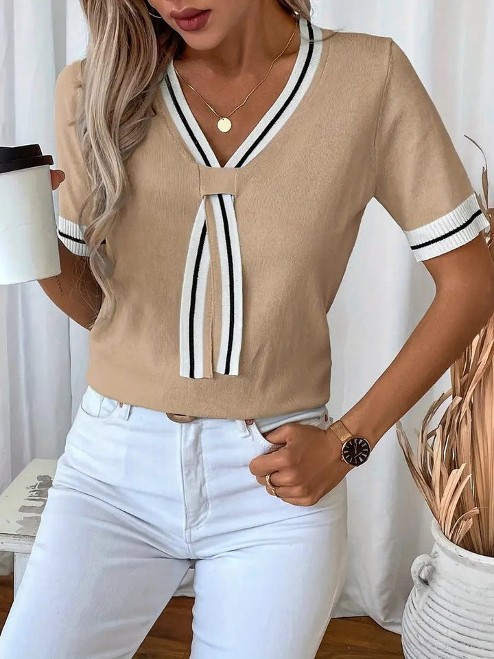 Women's Knitted Top with V-Neck | Elegant & Lightweight | Summer with Tie Detail