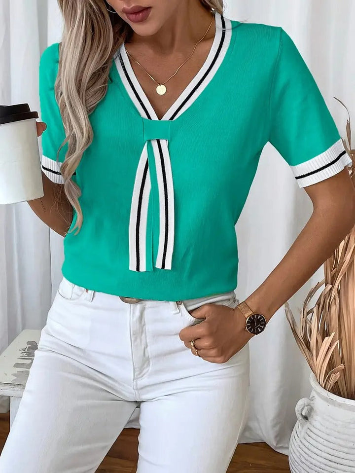 Women's Knitted Top with V-Neck | Elegant & Lightweight | Summer with Tie Detail