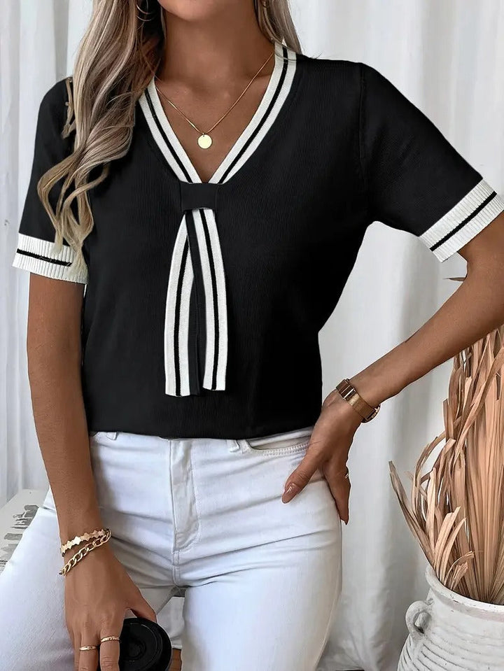 Women's Knitted Top with V-Neck | Elegant & Lightweight | Summer with Tie Detail