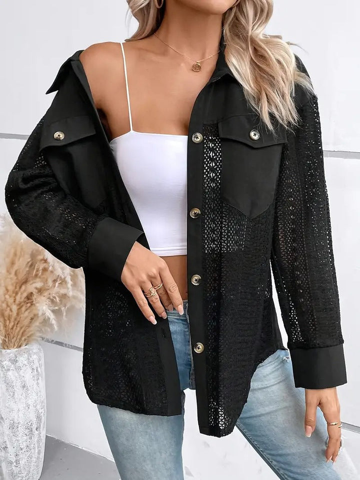 Women's Lace Trim Shirt | Drop Shoulder & Pockets | Long Sleeve & Button Closure