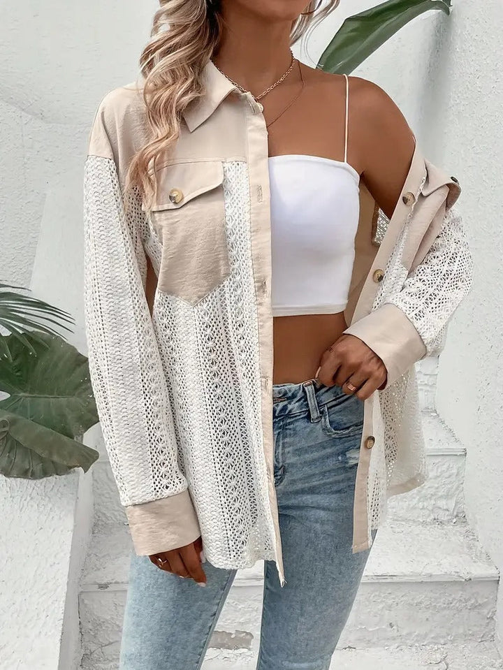 Women's Lace Trim Shirt | Drop Shoulder & Pockets | Long Sleeve & Button Closure
