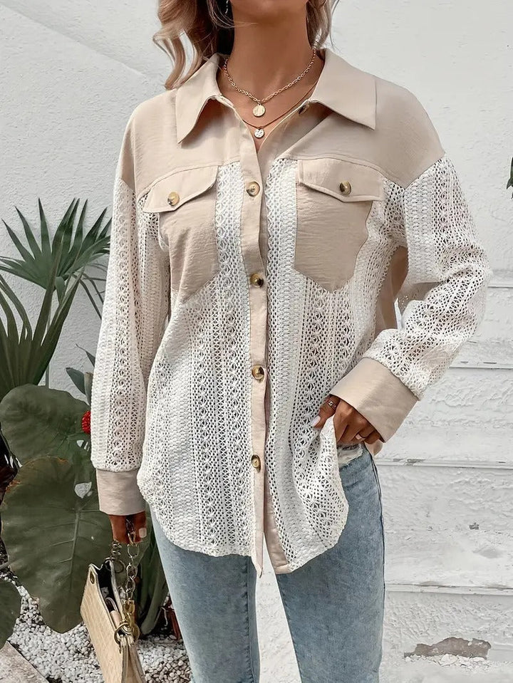 Women's Lace Trim Shirt | Drop Shoulder & Pockets | Long Sleeve & Button Closure