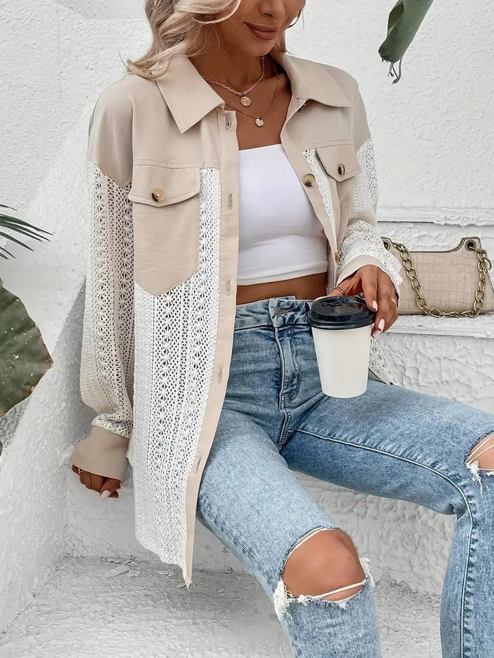 Women's Lace Trim Shirt | Drop Shoulder & Pockets | Long Sleeve & Button Closure