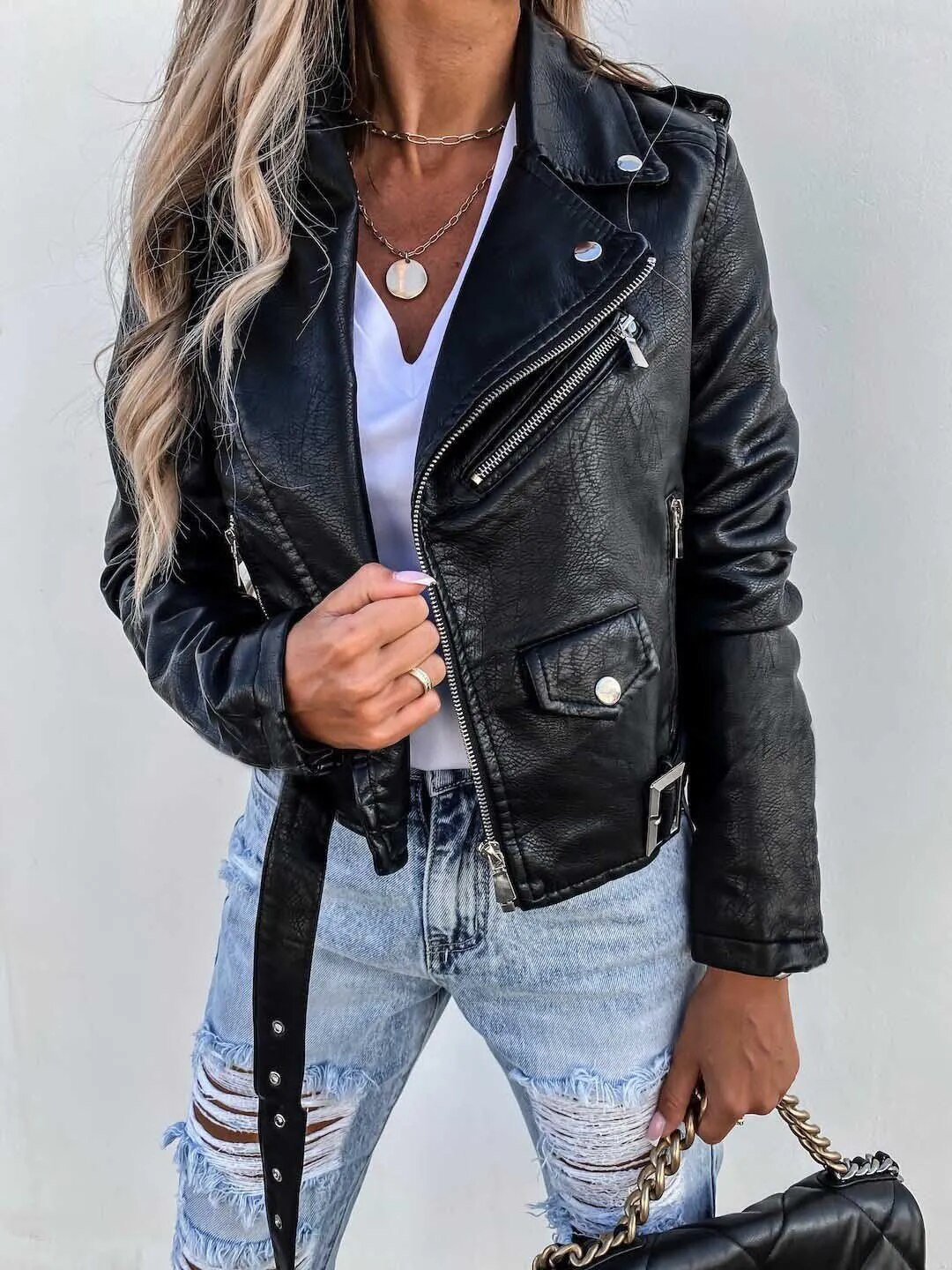 Women’s Leather Jacket | Short & Edgy | Low Collar | Zip & Biker Style