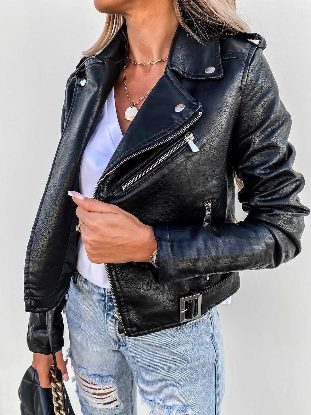 Women’s Leather Jacket | Short & Edgy | Low Collar | Zip & Biker Style