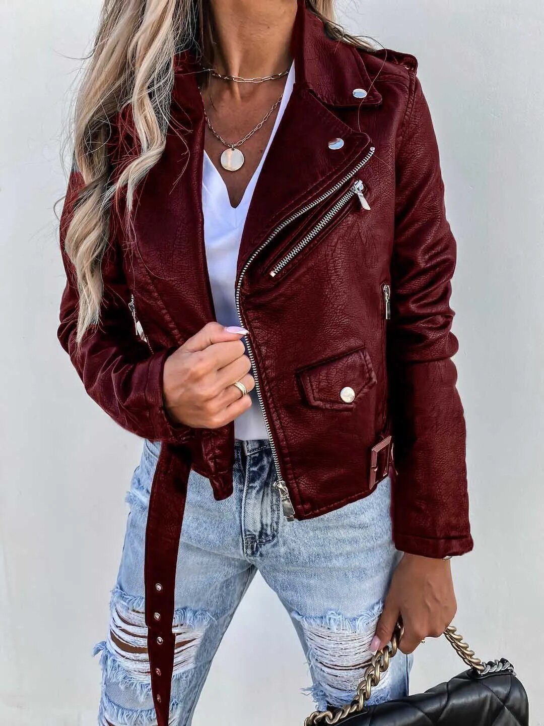 Women’s Leather Jacket | Short & Edgy | Low Collar | Zip & Biker Style
