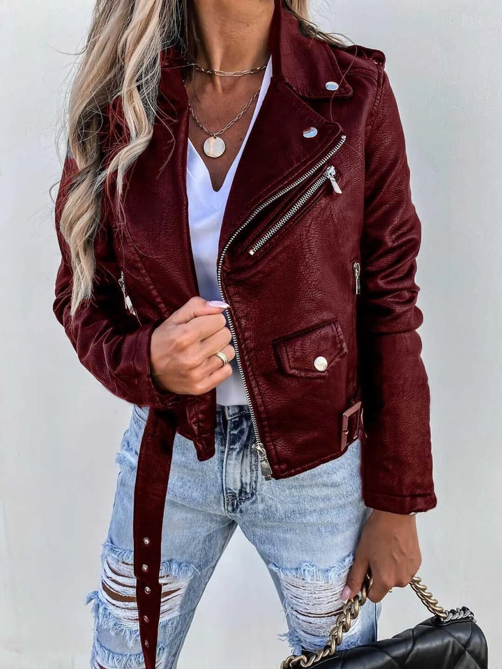 Women’s Leather Jacket | Short & Edgy | Low Collar | Zip & Biker Style