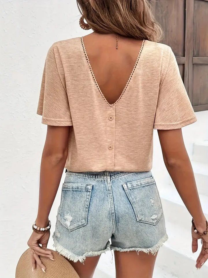 Women's T-shirt | Elegant V-neck & Buttons at the Back | Summer Blouse in Lightweight Material | Solid Colour Design