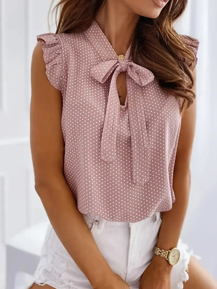 Women's T-shirt | Polka Dot Pattern with Ruffle | Straight Collar & Short Sleeve | Summer Casual