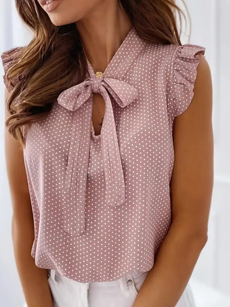 Women's T-shirt | Polka Dot Pattern with Ruffle | Straight Collar & Short Sleeve | Summer Casual