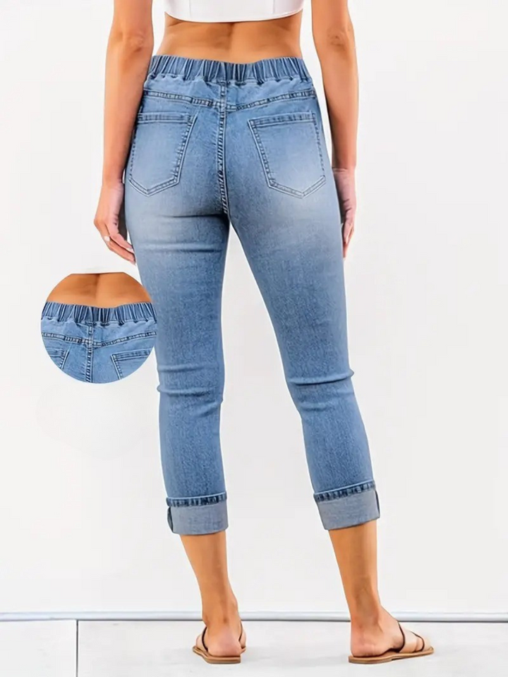 Women's Trousers | High Waist Jeans | Stretchy Denim with Drawstring | Blue