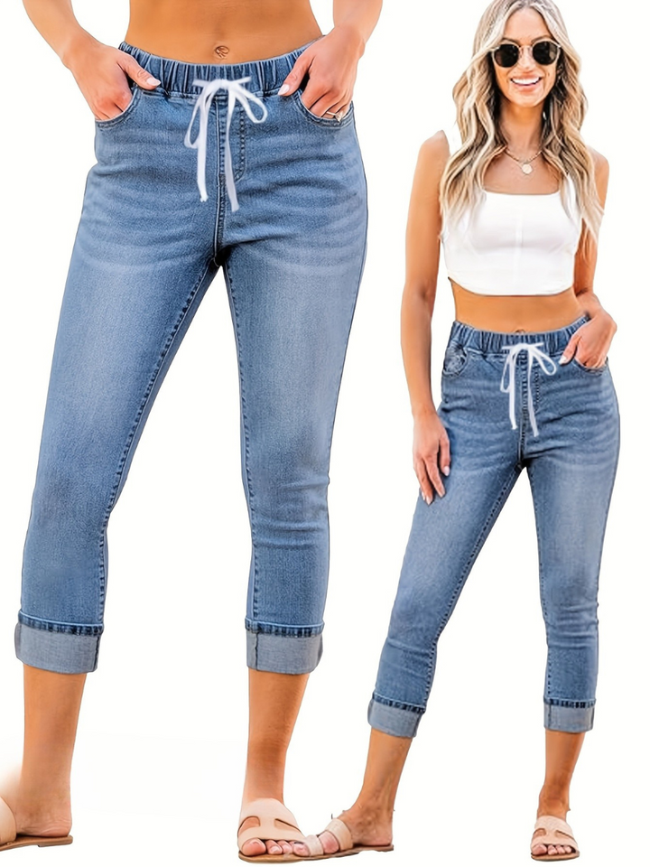 Women's Trousers | High Waist Jeans | Stretchy Denim with Drawstring | Blue