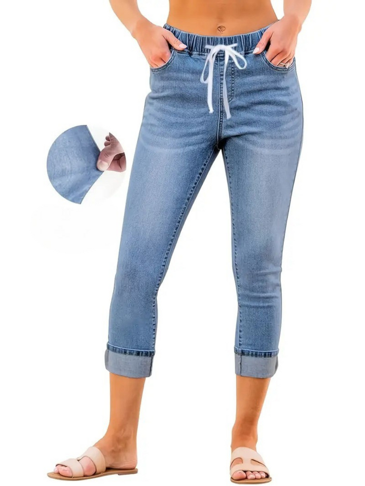 Women's Trousers | High Waist Jeans | Stretchy Denim with Drawstring | Blue