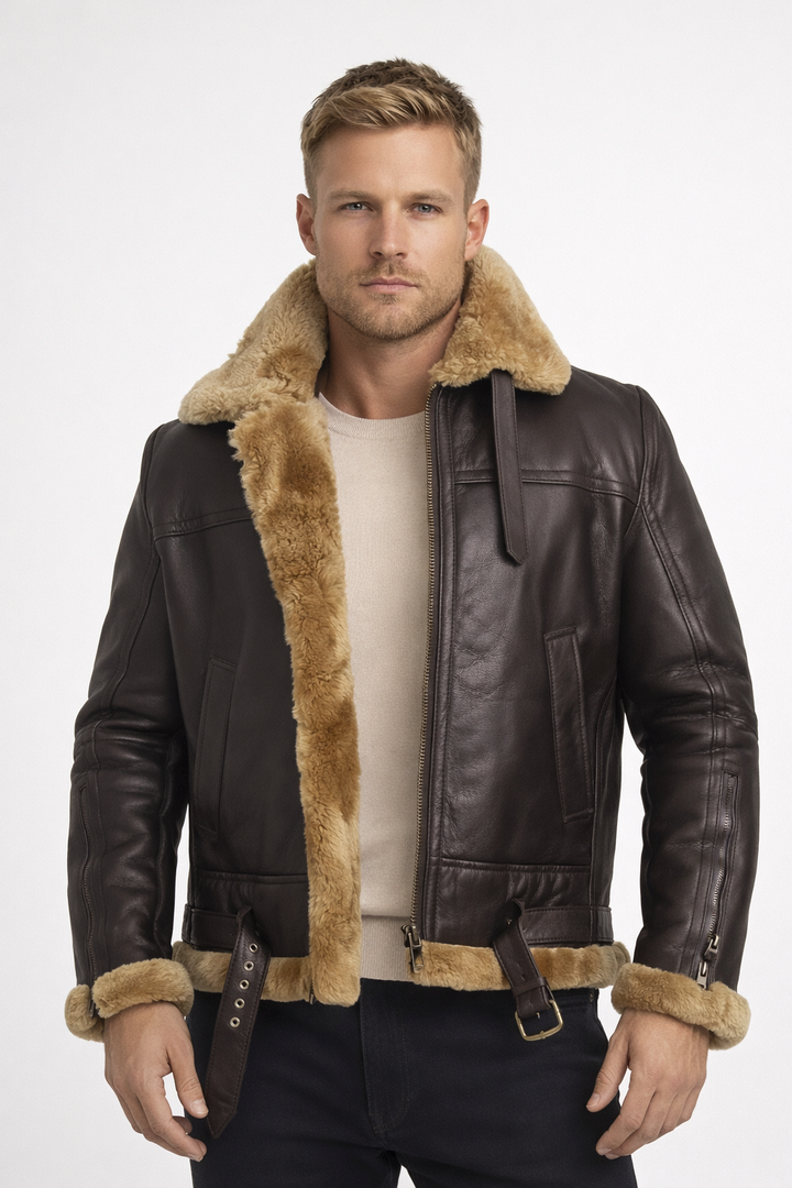 Men’s Leather Bomber Jacket | Genuine Sheepskin | Thick Lining | Zipper & Pockets