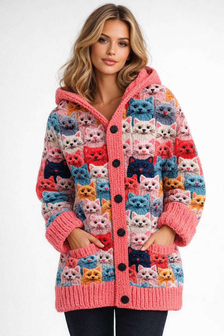Women’s Cardigan | Colourful Cat Print Jumper | Elegent Clothing