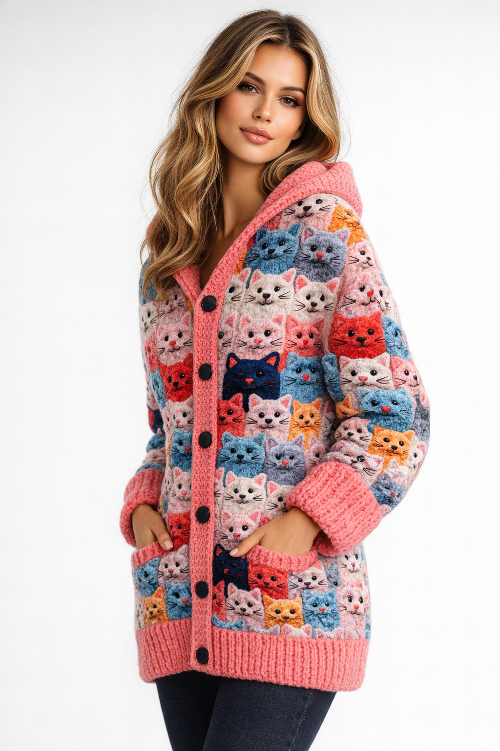 Women’s Cardigan | Colourful Cat Print Jumper | Elegent Clothing