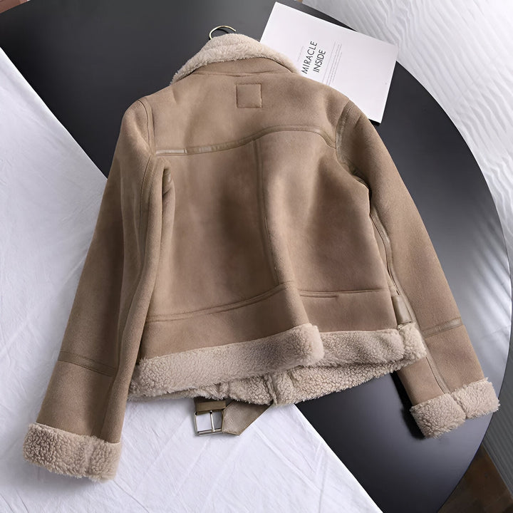 Biker Jacket | Faux Fur & Belt | Thick Oversized Biker Jacket | Suede Imitation with Zip