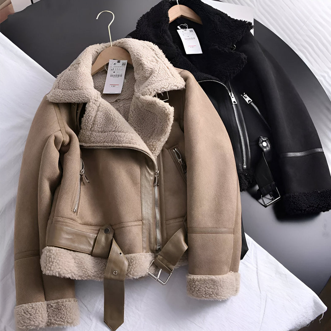 Biker Jacket | Faux Fur & Belt | Thick Oversized Biker Jacket | Suede Imitation with Zip