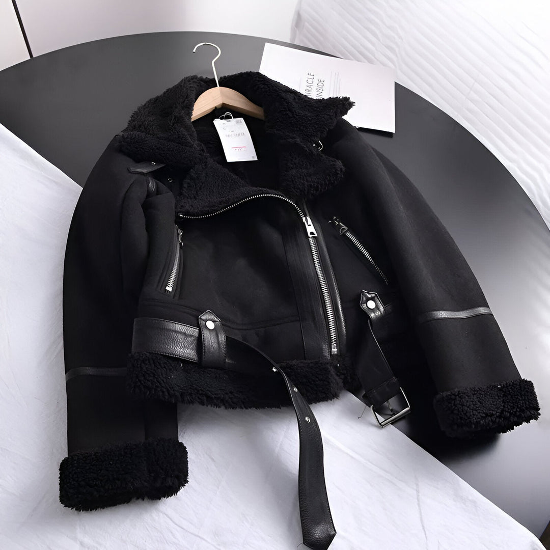 Biker Jacket | Faux Fur & Belt | Thick Oversized Biker Jacket | Suede Imitation with Zip