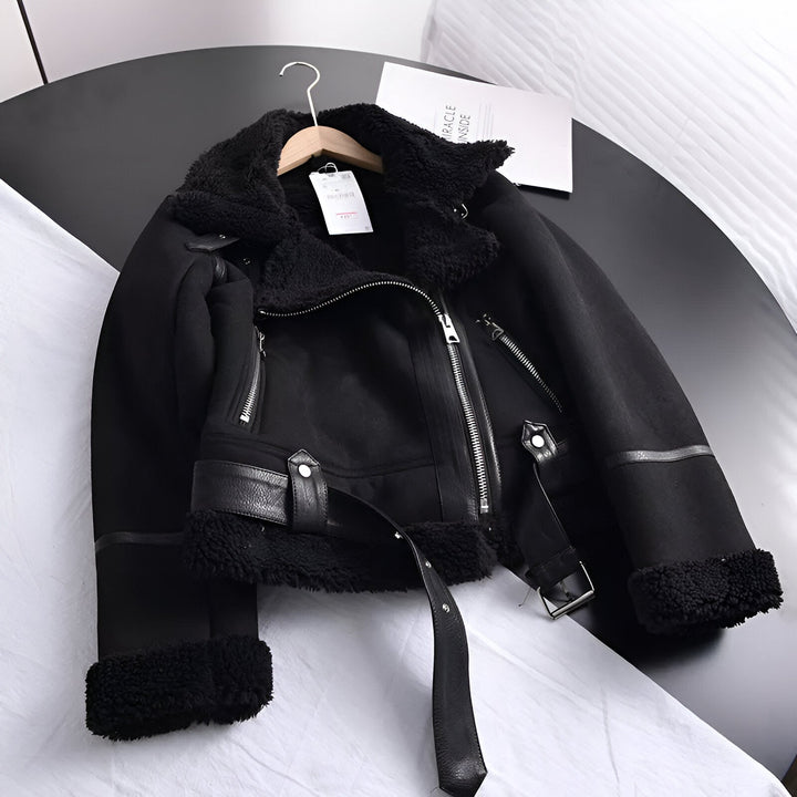 Biker Jacket | Faux Fur & Belt | Thick Oversized Biker Jacket | Suede Imitation with Zip