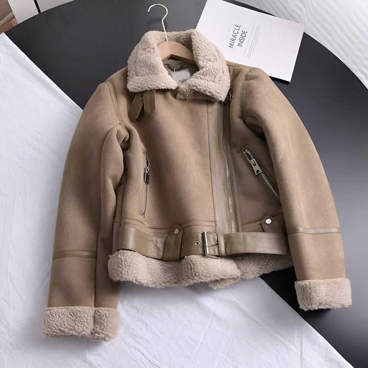 Biker Jacket | Faux Fur & Belt | Thick Oversized Biker Jacket | Suede Imitation with Zip