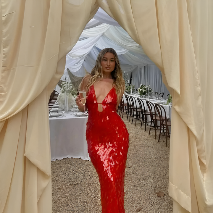 Dam Maxi Dress | Sequin Dress with Spaghetti Straps | Figure-Hugging & Backless | Party & Wedding