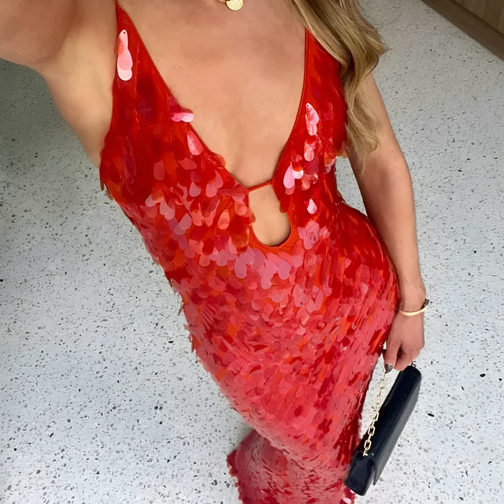 Dam Maxi Dress | Sequin Dress with Spaghetti Straps | Figure-Hugging & Backless | Party & Wedding