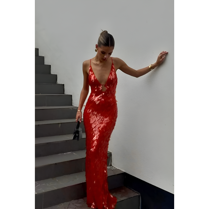 Dam Maxi Dress | Sequin Dress with Spaghetti Straps | Figure-Hugging & Backless | Party & Wedding