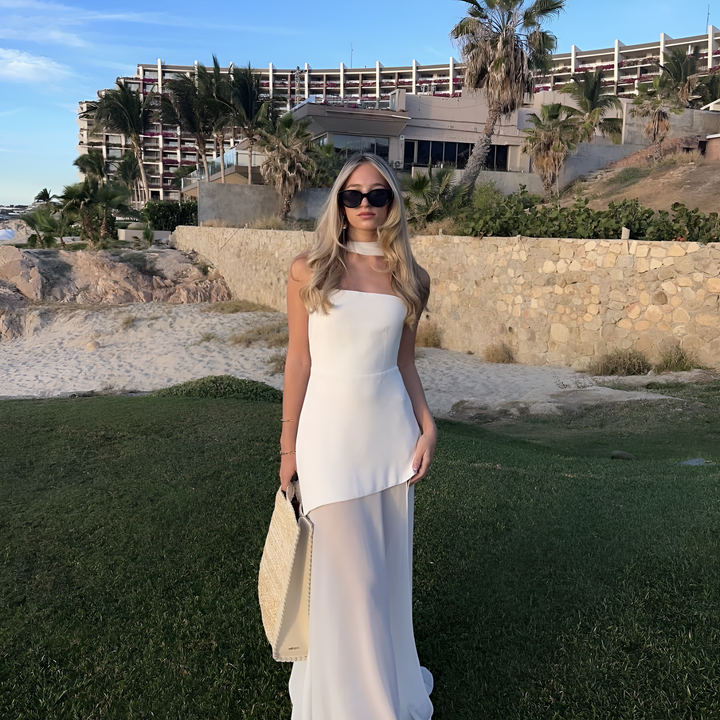 Dam Maxi Dress | Strapless & Backless | Elegant Mesh & Shawl Collar | Party & Wedding