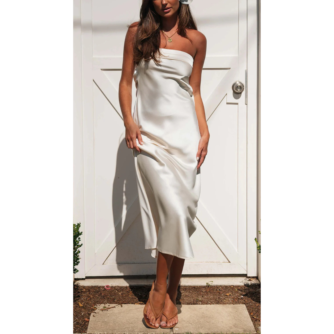 Women's Dress | Fitted & Silky Satin | Party & Dinner | Elegant Off-Shoulder