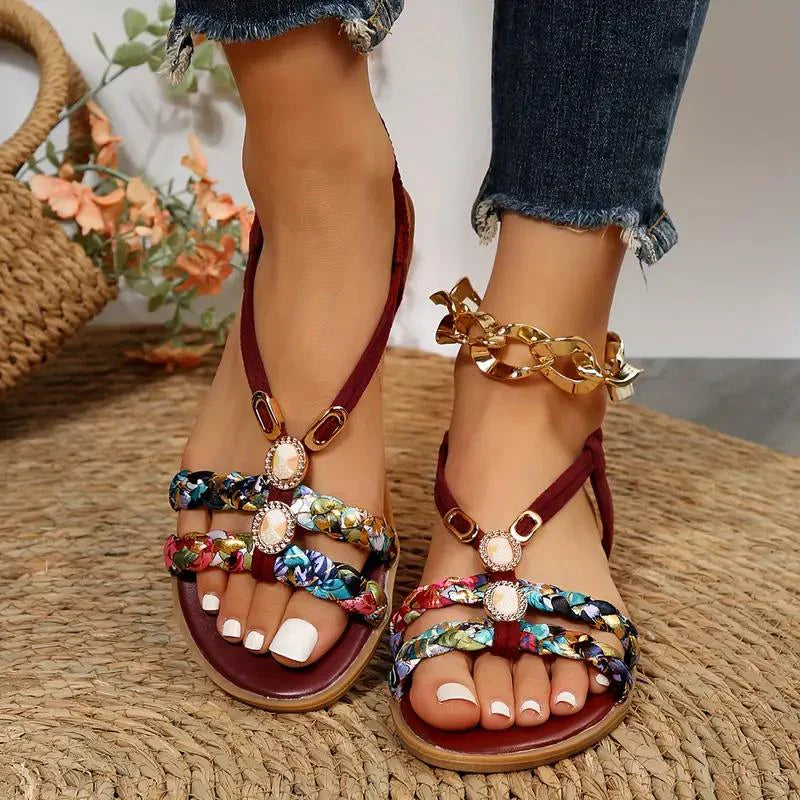 Women’s Sandals | Boho Summer Style | Soft Sole & Low Wedge Heel | Floral Design