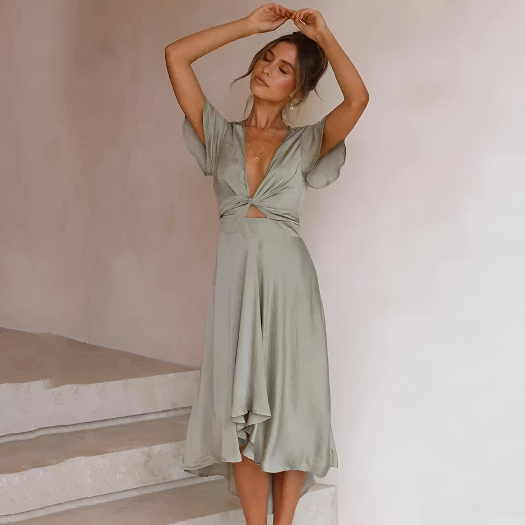 Women’s Dress | Satin & Elegant | Short Sleeves | V-Neck Summer Dress