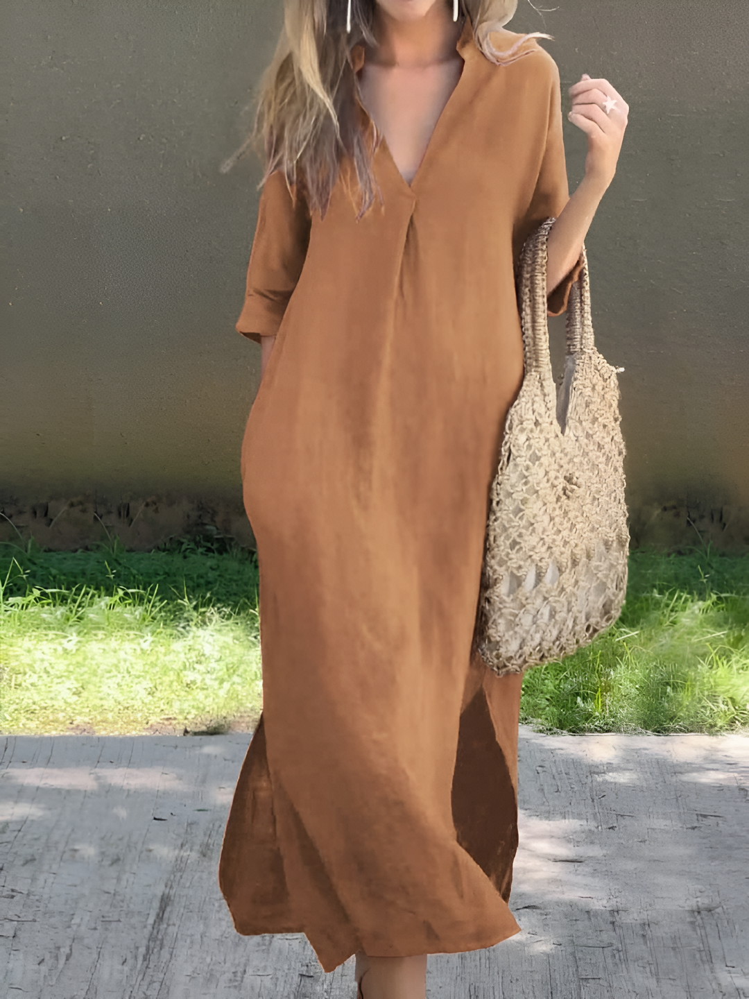 Women’s Dress | Cotton & Linen | Long & Loose Fit | Summery V-Neck Style