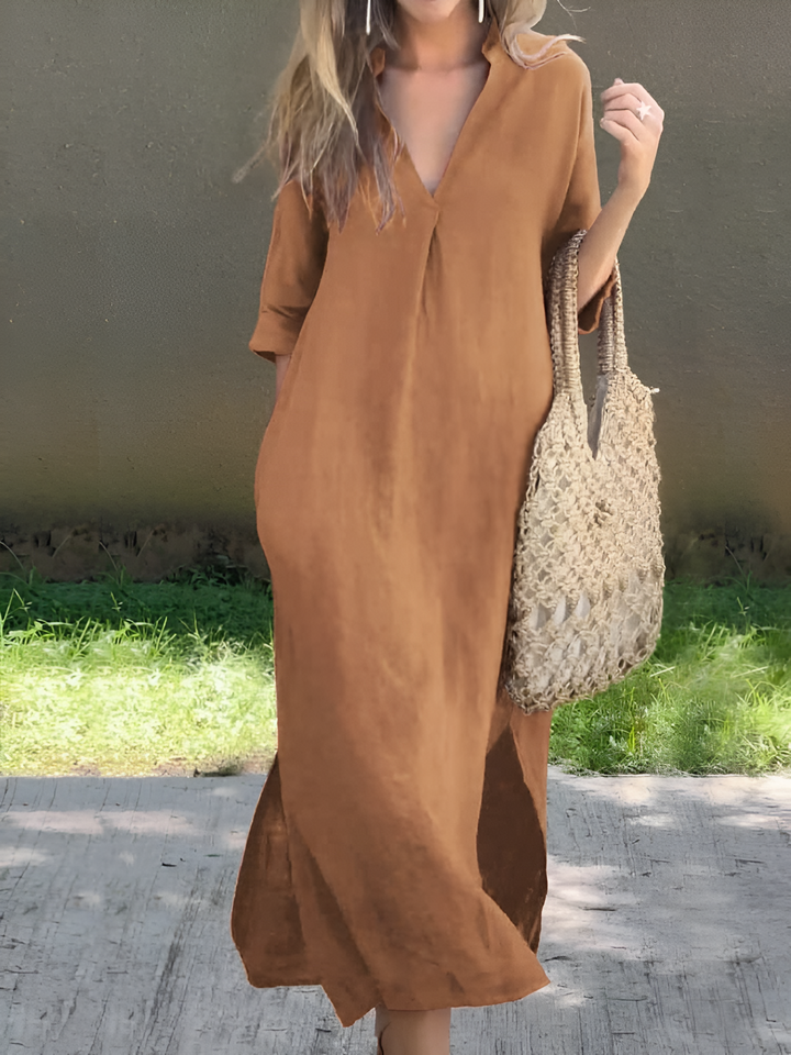 Women’s Dress | Cotton & Linen | Long & Loose Fit | Summery V-Neck Style