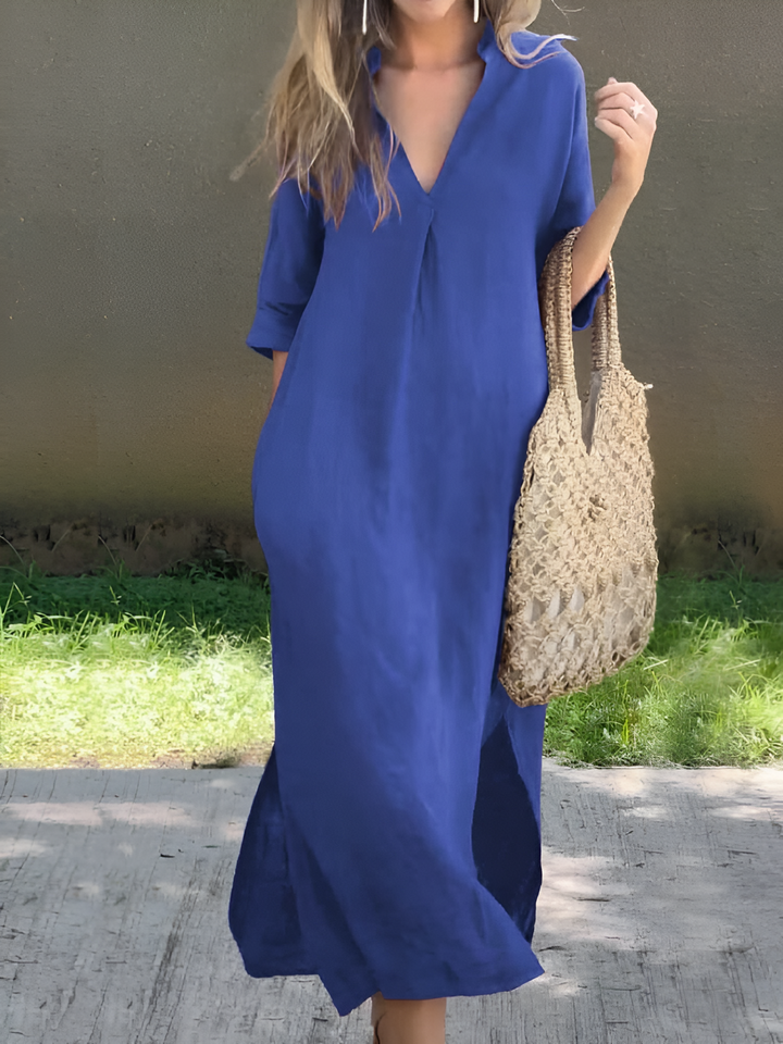 Women’s Dress | Cotton & Linen | Long & Loose Fit | Summery V-Neck Style