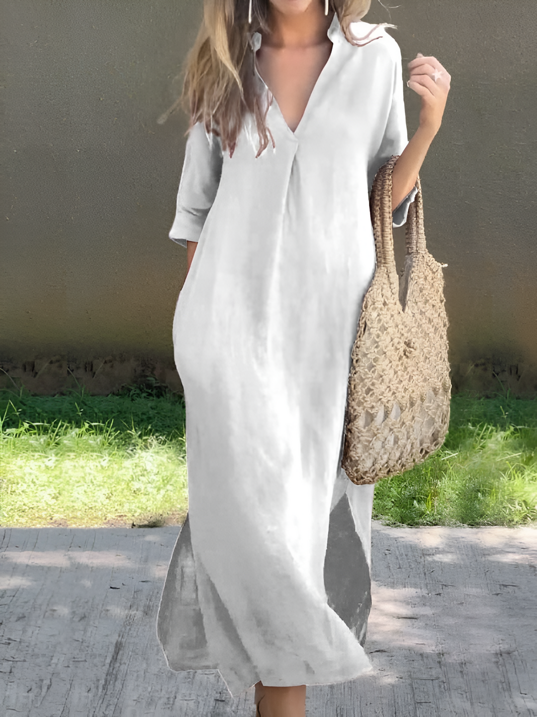 Women’s Dress | Cotton & Linen | Long & Loose Fit | Summery V-Neck Style