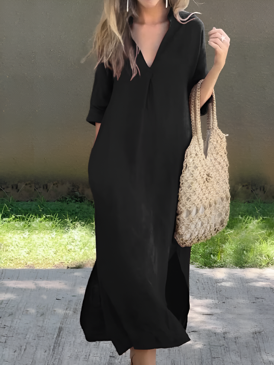 Women’s Dress | Cotton & Linen | Long & Loose Fit | Summery V-Neck Style
