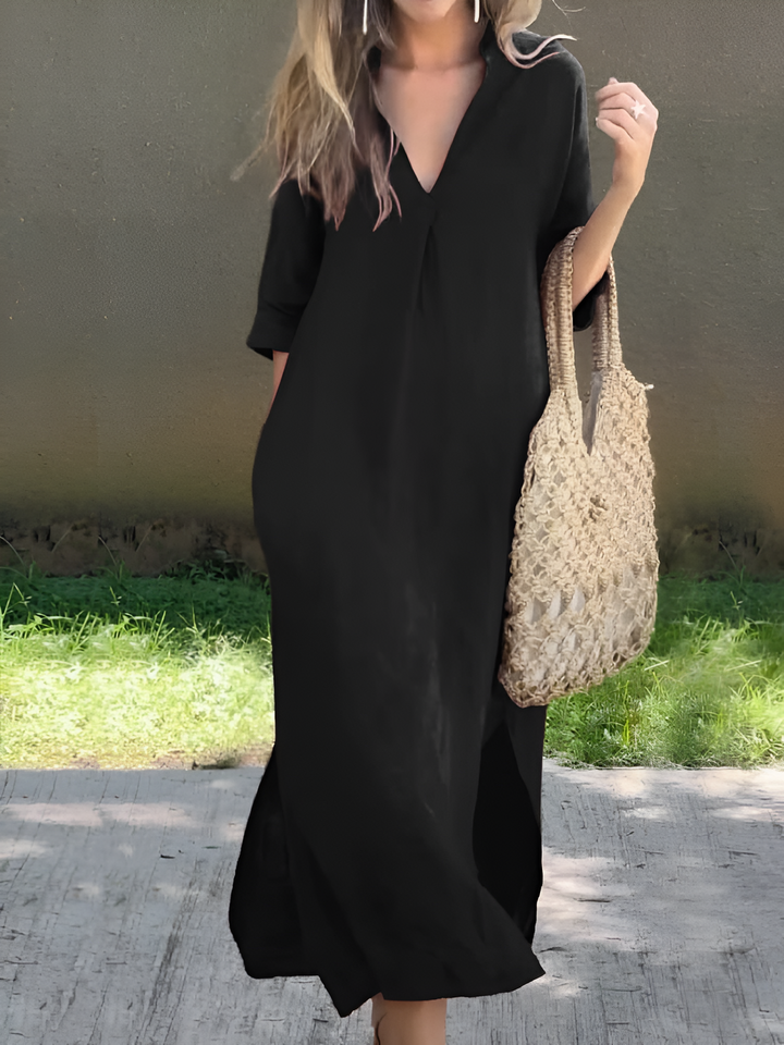 Women’s Dress | Cotton & Linen | Long & Loose Fit | Summery V-Neck Style